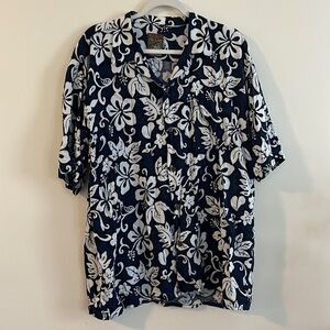 Vtg Pineapple Connection Hawaiian Button Down Shirt Men’s L Navy Tropical Beach